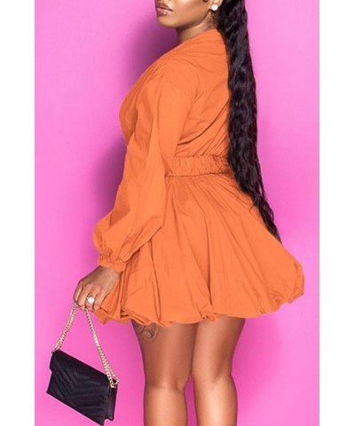 Womens Mini Dress Puff Sleeve Dresses 2024 Button Down Split V Neck High Waist Party Clubwear with Belt Orange $20.25 Dresses