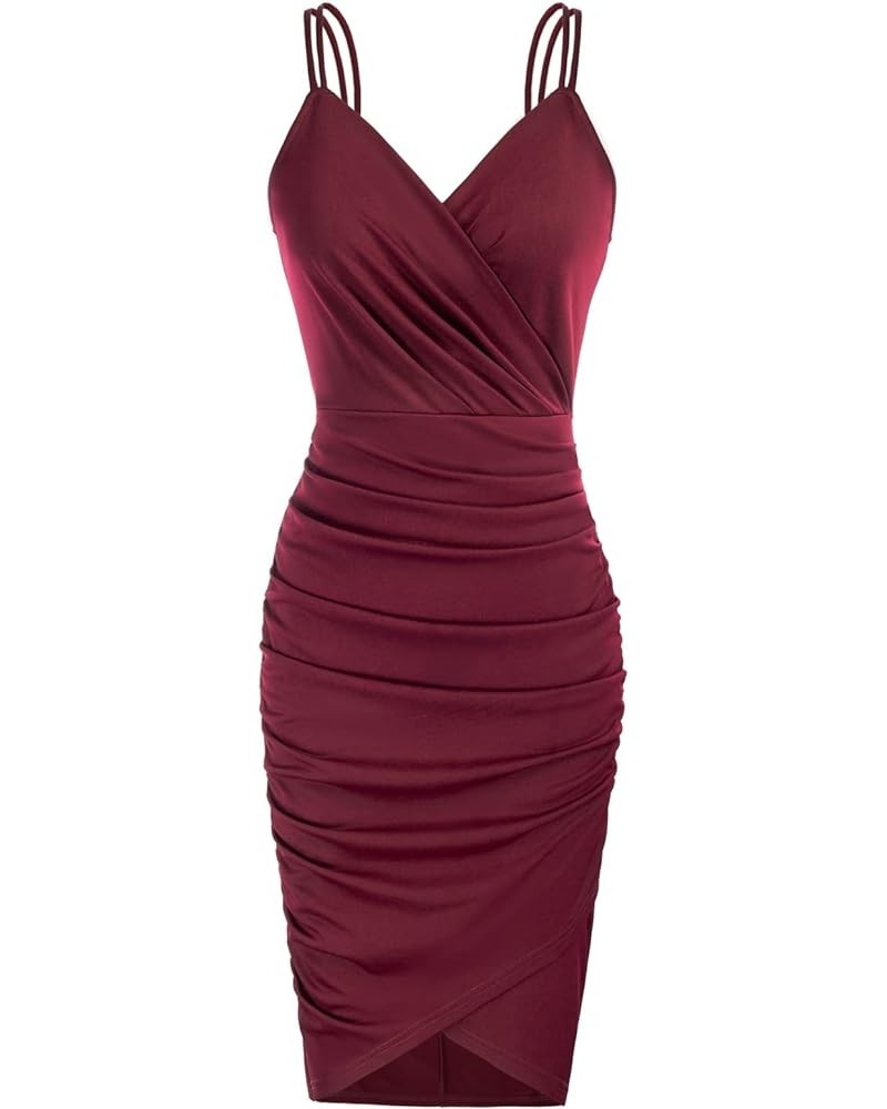 Women's Sexy Spaghetti Straps Cocktail Dresses for Wedding Guest Ruched V-neck Bodycon Dress Solid Wine Red $15.50 Dresses