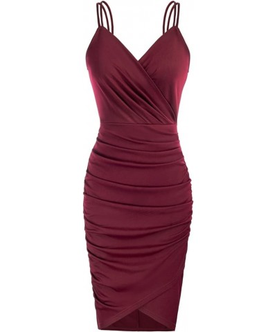 Women's Sexy Spaghetti Straps Cocktail Dresses for Wedding Guest Ruched V-neck Bodycon Dress Solid Wine Red $15.50 Dresses