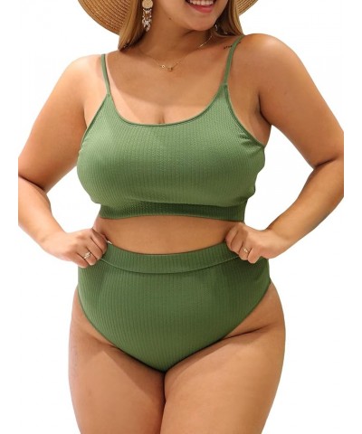 Women's Plus 2 Piece Ribbed High Waist Bikini Sets Basic Swimsuits Solid Bathing Suits Swimwear Green $18.24 Swimsuits