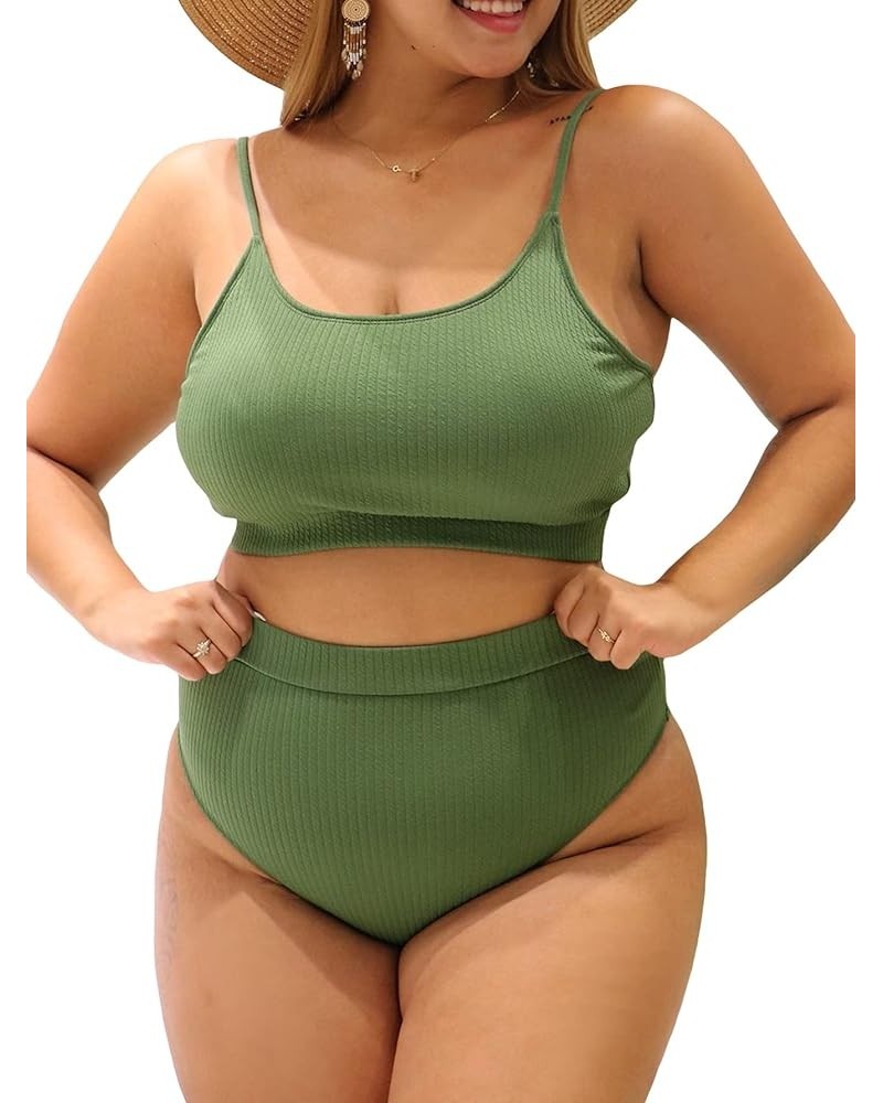 Women's Plus 2 Piece Ribbed High Waist Bikini Sets Basic Swimsuits Solid Bathing Suits Swimwear Green $18.24 Swimsuits