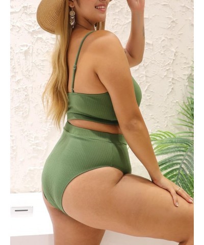 Women's Plus 2 Piece Ribbed High Waist Bikini Sets Basic Swimsuits Solid Bathing Suits Swimwear Green $18.24 Swimsuits