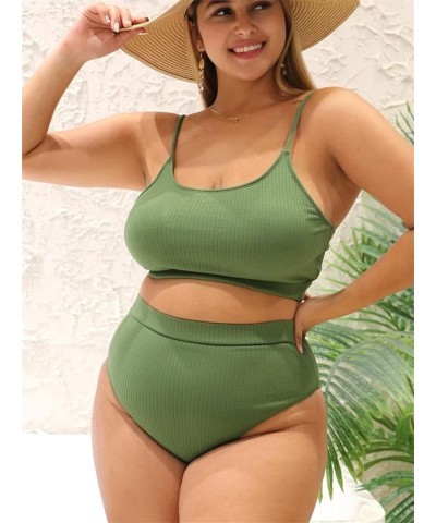 Women's Plus 2 Piece Ribbed High Waist Bikini Sets Basic Swimsuits Solid Bathing Suits Swimwear Green $18.24 Swimsuits