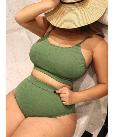 Women's Plus 2 Piece Ribbed High Waist Bikini Sets Basic Swimsuits Solid Bathing Suits Swimwear Green $18.24 Swimsuits