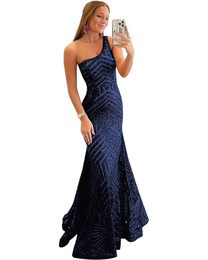 Sparkly Sequins Prom Dresses Long Mermaid One Shoulder Formal Evening Ball Gowns Party Dresses for Women Navy $43.34 Dresses