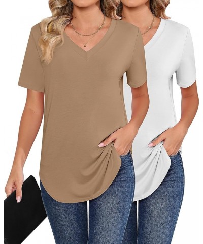 2 Pack Women's V Neck T Shirts, Short or Long Sleeve Tunic Tops Causal Summer Basic Shirts Solid Hem Tee Blouses White, Khaki...