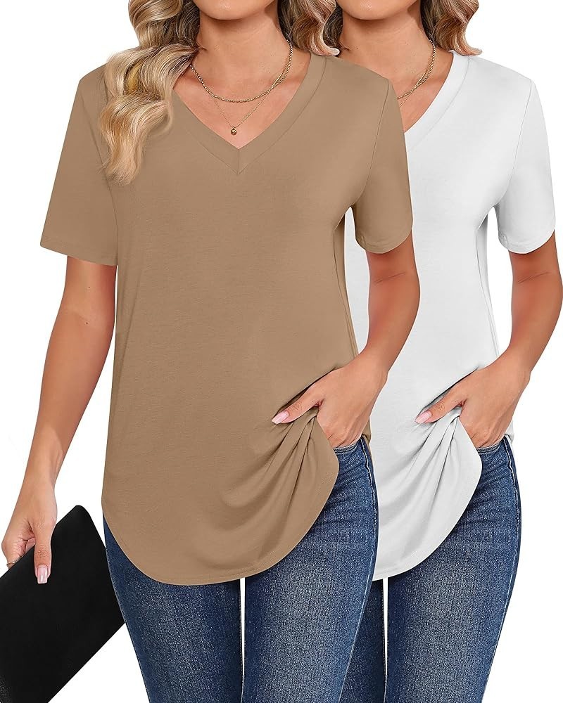 2 Pack Women's V Neck T Shirts, Short or Long Sleeve Tunic Tops Causal Summer Basic Shirts Solid Hem Tee Blouses White, Khaki...