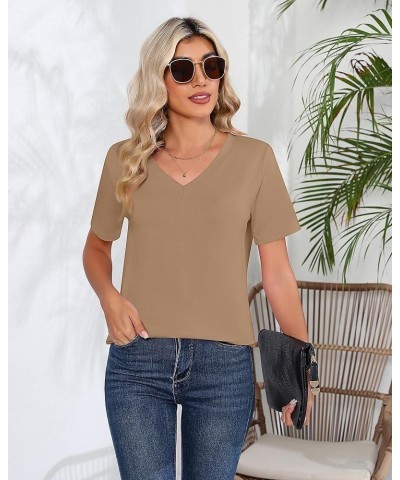 2 Pack Women's V Neck T Shirts, Short or Long Sleeve Tunic Tops Causal Summer Basic Shirts Solid Hem Tee Blouses White, Khaki...