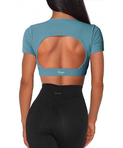 Open Back Crop Tops with Removable Pad Backless Workout Gym Shirt Bra Going Out Top 2.short Steel Blue $14.69 Activewear