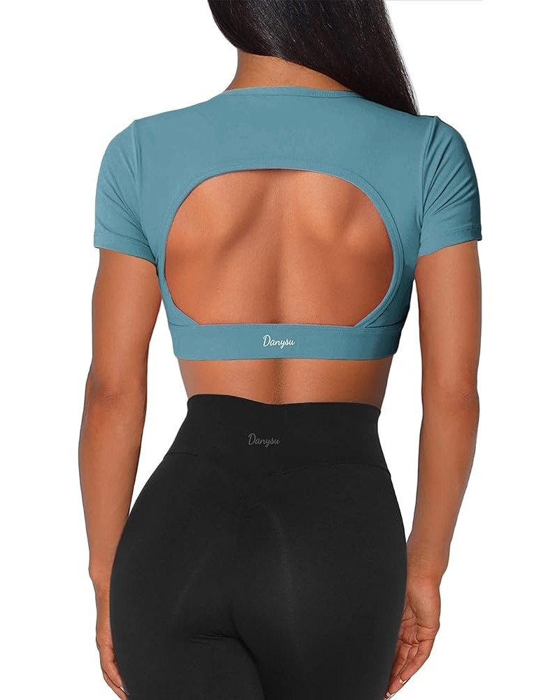 Open Back Crop Tops with Removable Pad Backless Workout Gym Shirt Bra Going Out Top 2.short Steel Blue $14.69 Activewear