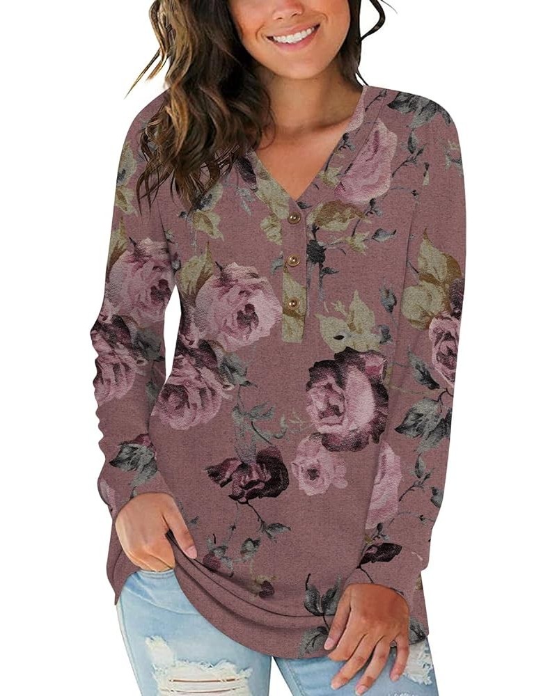 Women's 2024 Fall Long Sleeve Henley Tops V Neck Tunic Casual Loose Blouse Winter Sweatshirt V-floral Print Pink $14.70 Tops