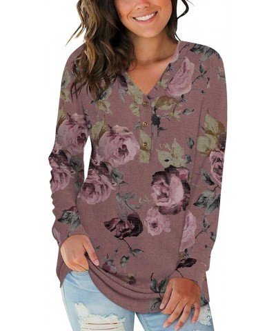 Women's 2024 Fall Long Sleeve Henley Tops V Neck Tunic Casual Loose Blouse Winter Sweatshirt V-floral Print Pink $14.70 Tops