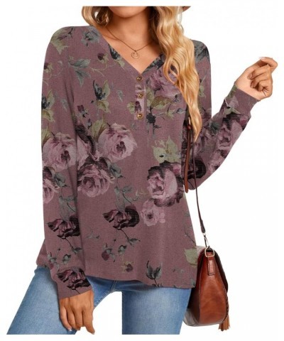 Women's 2024 Fall Long Sleeve Henley Tops V Neck Tunic Casual Loose Blouse Winter Sweatshirt V-floral Print Pink $14.70 Tops