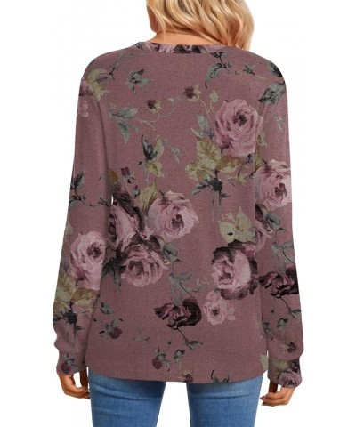 Women's 2024 Fall Long Sleeve Henley Tops V Neck Tunic Casual Loose Blouse Winter Sweatshirt V-floral Print Pink $14.70 Tops