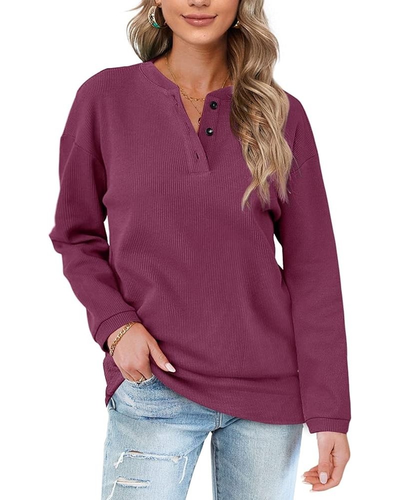 Womens Casual Sweatshirts Henley Button Up Long Sleeve Tunic Tops 01-deeppurple $17.64 Hoodies & Sweatshirts