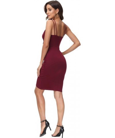 Women's Sexy Spaghetti Straps Cocktail Dresses for Wedding Guest Ruched V-neck Bodycon Dress Solid Wine Red $15.50 Dresses