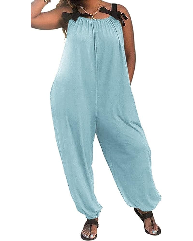 Wonens Plus Size Overalls Spaghetti Strap Baggy Romper Harem Wide Leg Jumpsuit With Pockets 02-sky Blue $24.48 Jumpsuits