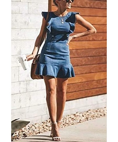 Women's Casual Round Neck Ruffle Trim Sleeveless Denim A Line Mini Dress Blue $22.56 Dresses