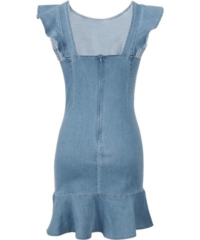 Women's Casual Round Neck Ruffle Trim Sleeveless Denim A Line Mini Dress Blue $22.56 Dresses