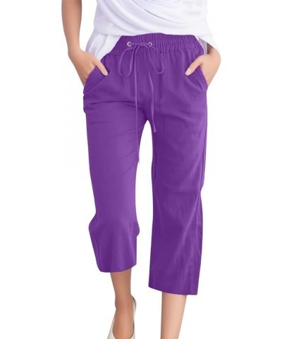 Capri Pants for Women Palazzo Lounge Pants Summer Casual Cropped Cotton Linen Comfy Baggy Trousers with Pockets F-purple $4.8...