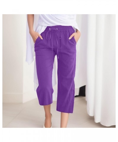 Capri Pants for Women Palazzo Lounge Pants Summer Casual Cropped Cotton Linen Comfy Baggy Trousers with Pockets F-purple $4.8...