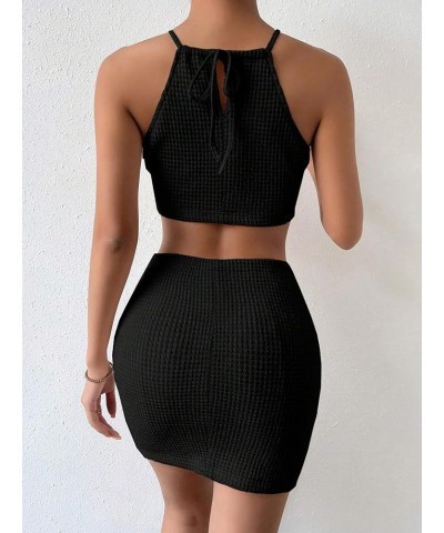 Women's 2 Piece Outfits Hanky Hem Tie Back Halter Crop Top and Mini Skirt Set Black $10.50 Suits