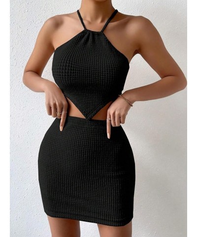 Women's 2 Piece Outfits Hanky Hem Tie Back Halter Crop Top and Mini Skirt Set Black $10.50 Suits