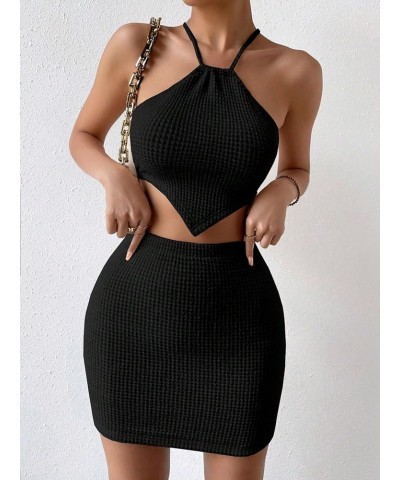 Women's 2 Piece Outfits Hanky Hem Tie Back Halter Crop Top and Mini Skirt Set Black $10.50 Suits