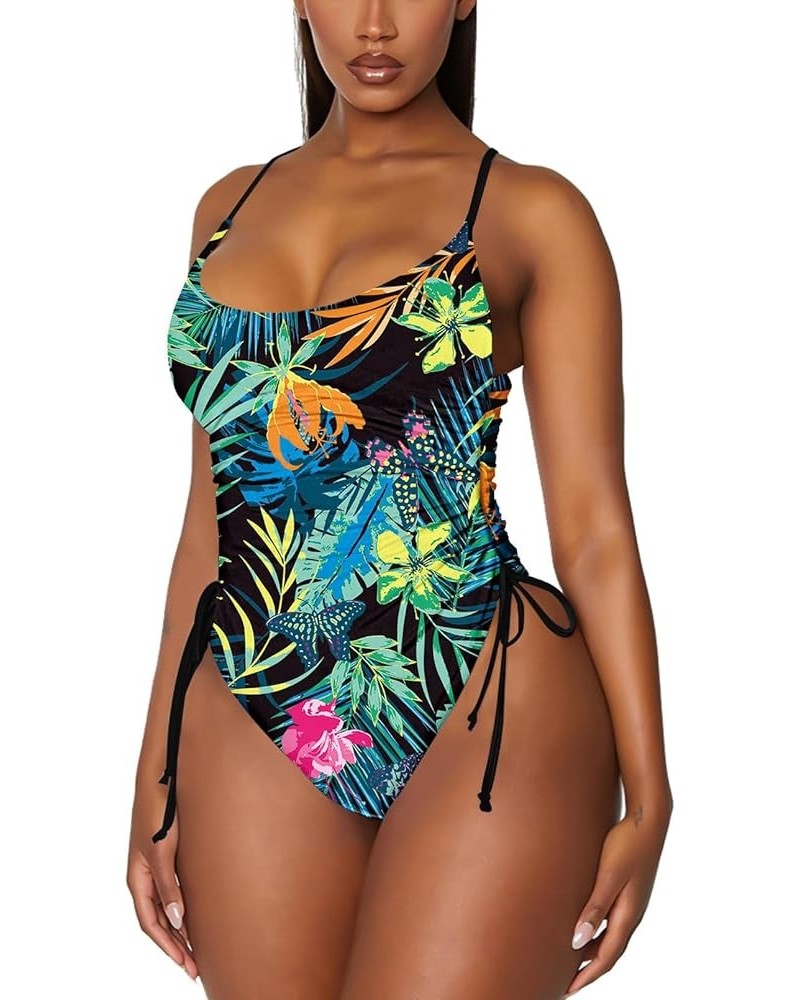 Women's Ruched High Cut One Piece Swimsuit Tummy Control Bathing Suit Monokini Dark Green Plant Printed $22.39 Swimsuits