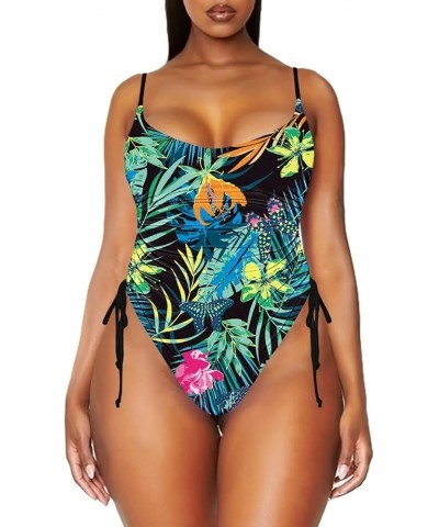 Women's Ruched High Cut One Piece Swimsuit Tummy Control Bathing Suit Monokini Dark Green Plant Printed $22.39 Swimsuits