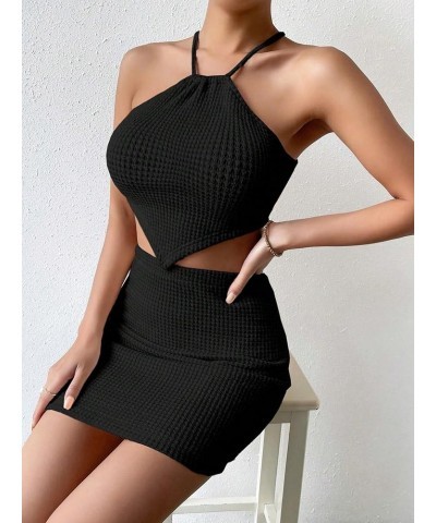 Women's 2 Piece Outfits Hanky Hem Tie Back Halter Crop Top and Mini Skirt Set Black $10.50 Suits