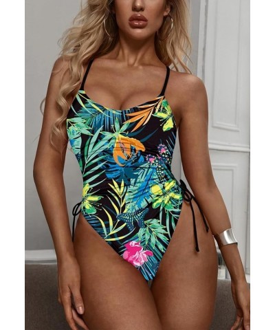 Women's Ruched High Cut One Piece Swimsuit Tummy Control Bathing Suit Monokini Dark Green Plant Printed $22.39 Swimsuits