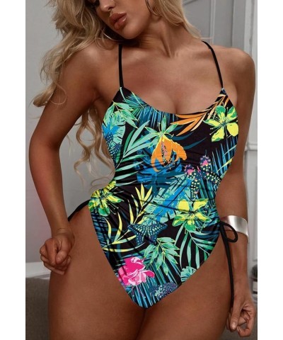 Women's Ruched High Cut One Piece Swimsuit Tummy Control Bathing Suit Monokini Dark Green Plant Printed $22.39 Swimsuits