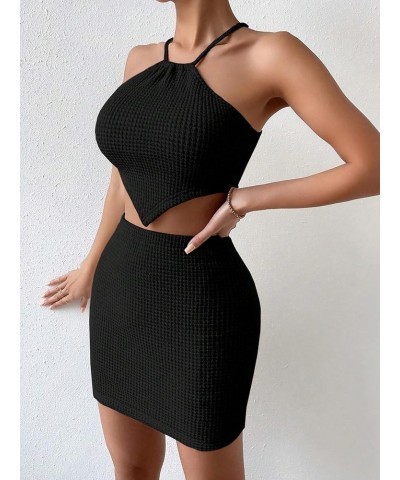 Women's 2 Piece Outfits Hanky Hem Tie Back Halter Crop Top and Mini Skirt Set Black $10.50 Suits