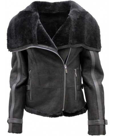 Women's Short Black Merino Sheepskin Aviator Leather Jacket Black $153.55 Coats