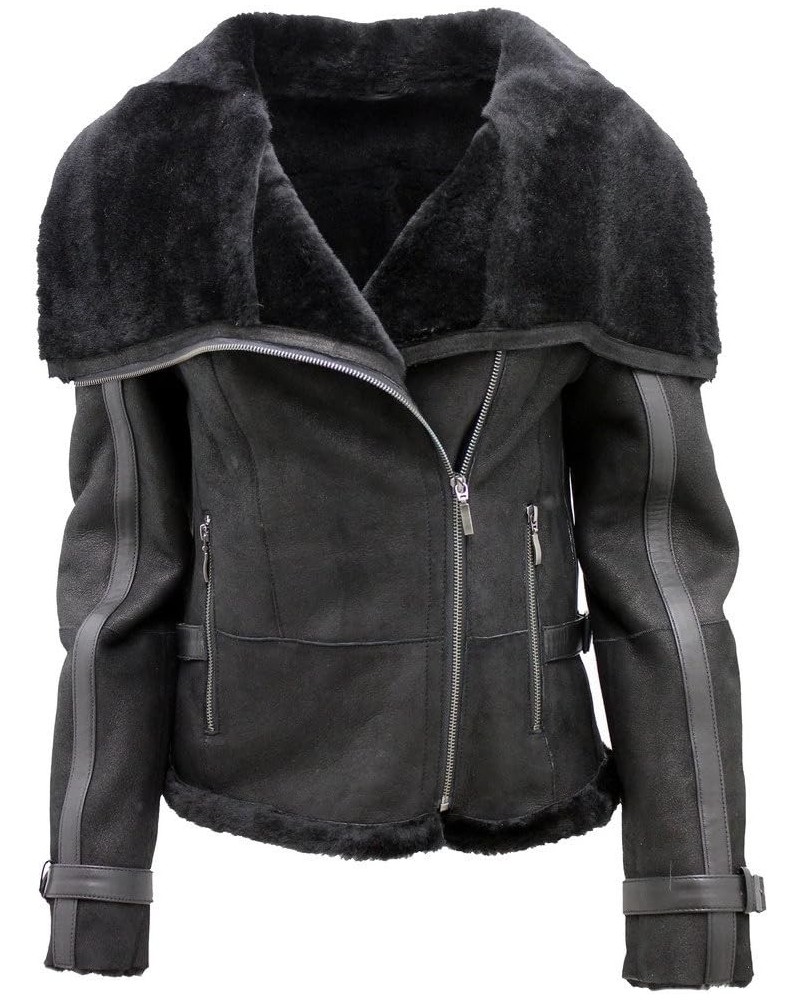 Women's Short Black Merino Sheepskin Aviator Leather Jacket Black $153.55 Coats