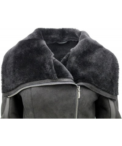 Women's Short Black Merino Sheepskin Aviator Leather Jacket Black $153.55 Coats