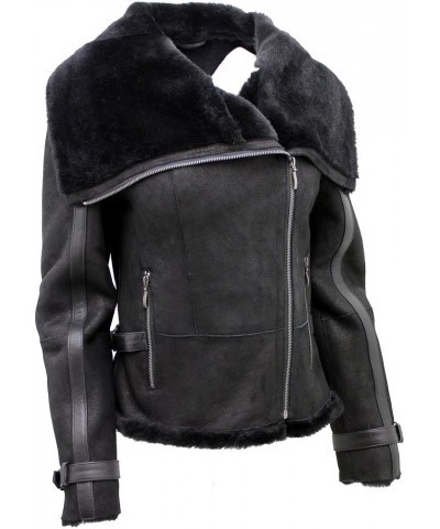 Women's Short Black Merino Sheepskin Aviator Leather Jacket Black $153.55 Coats