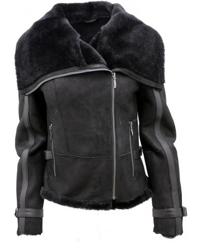 Women's Short Black Merino Sheepskin Aviator Leather Jacket Black $153.55 Coats