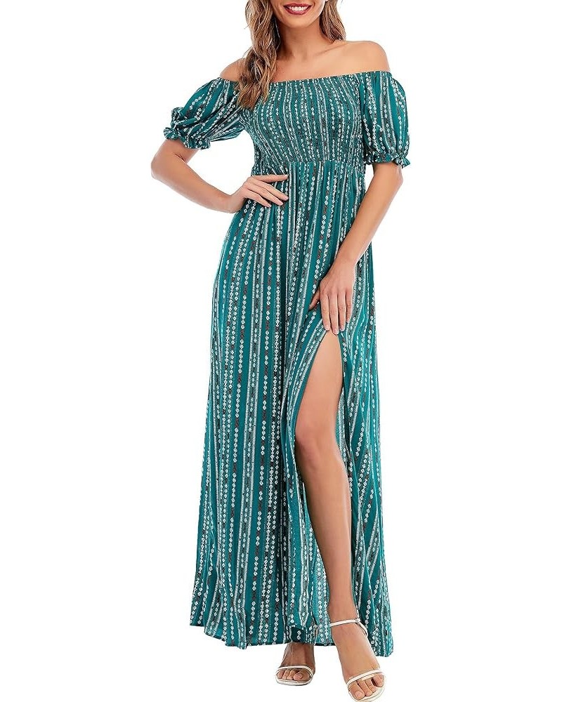 Women Stripe Printed Slit Off Shoulder Square Neckline Short Sleeve Gathered Waist Maxi Dress Green $18.80 Dresses