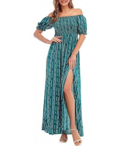 Women Stripe Printed Slit Off Shoulder Square Neckline Short Sleeve Gathered Waist Maxi Dress Green $18.80 Dresses