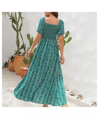 Women Stripe Printed Slit Off Shoulder Square Neckline Short Sleeve Gathered Waist Maxi Dress Green $18.80 Dresses