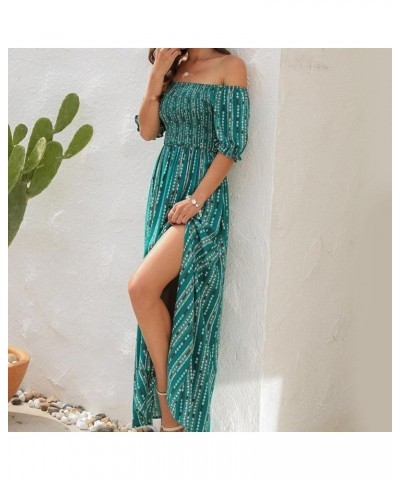 Women Stripe Printed Slit Off Shoulder Square Neckline Short Sleeve Gathered Waist Maxi Dress Green $18.80 Dresses