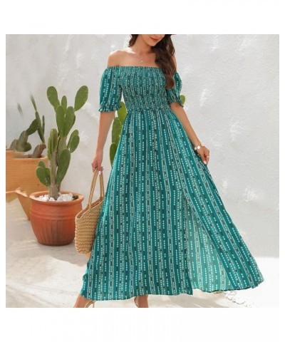 Women Stripe Printed Slit Off Shoulder Square Neckline Short Sleeve Gathered Waist Maxi Dress Green $18.80 Dresses