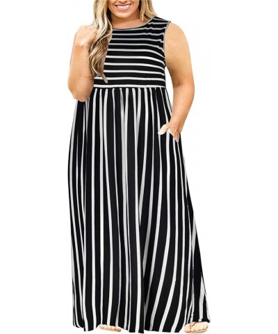 Women Sleeveless Loose Plain Casual Plus Size Long Maxi Dress with Pockets Black Stripe $16.38 Dresses