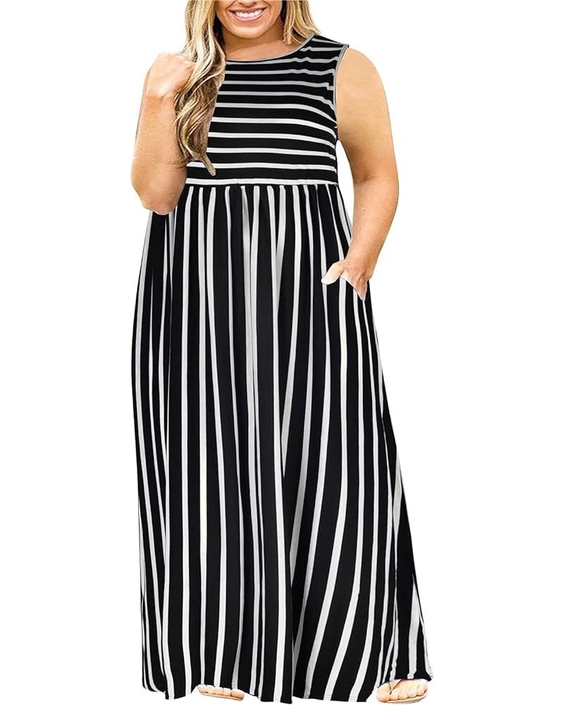 Women Sleeveless Loose Plain Casual Plus Size Long Maxi Dress with Pockets Black Stripe $16.38 Dresses