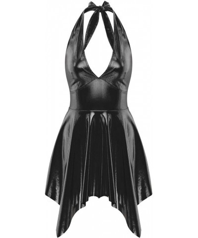 Women's Summer Faux Leather Sleeveless Halter Neck Club Party Dress with G-Strings Thongs Glossy Black C $10.44 Dresses