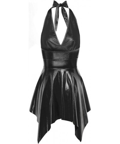 Women's Summer Faux Leather Sleeveless Halter Neck Club Party Dress with G-Strings Thongs Glossy Black C $10.44 Dresses