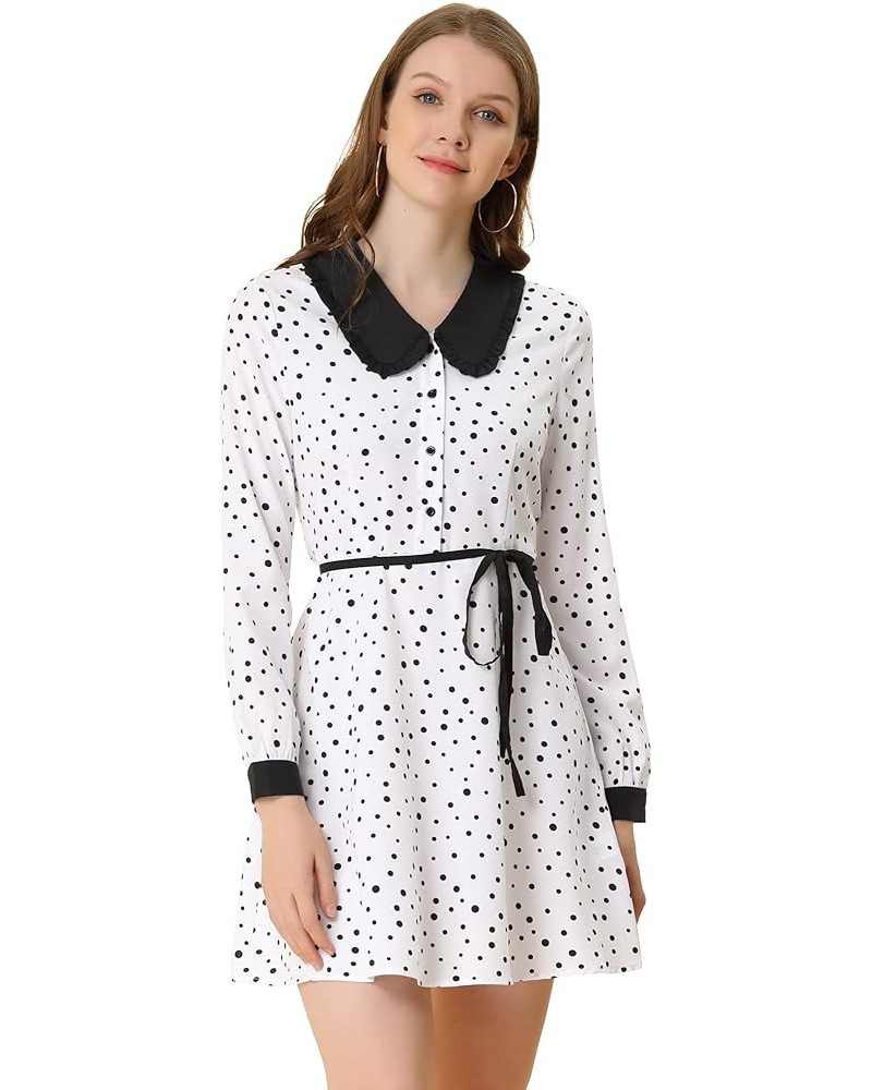 Women's Polka Dots Tie Neck Retro Vintage Contrast Peter Pan Collar Dress White $20.25 Dresses