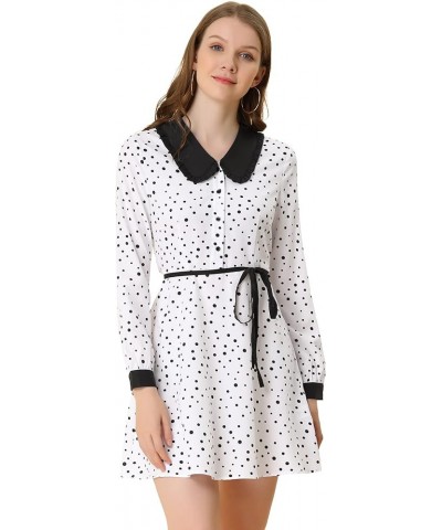 Women's Polka Dots Tie Neck Retro Vintage Contrast Peter Pan Collar Dress White $20.25 Dresses